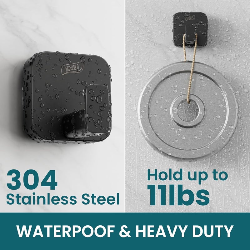 Taili Thickened 304 Stainless Steel Bathroom Suction Hook for Towel, Loofah, Bathrobe, Patented Strong Suction Cup Holder, Damage-Free Hanging Glass Shower Wall Hook, Hold Up to 11 Lbs, 2 Pack, Black - Image 3